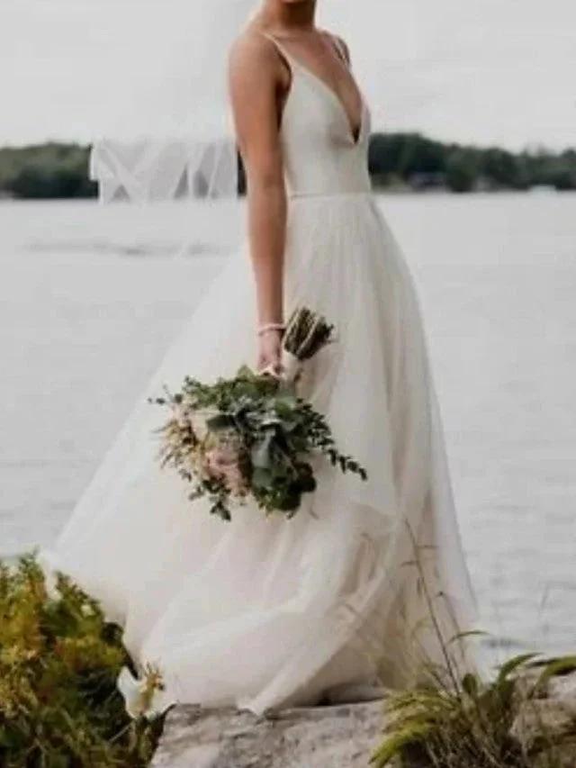 Long A-Line V Neck Satin Tulle Open Back Wedding Dresses by BIZTUNNEL