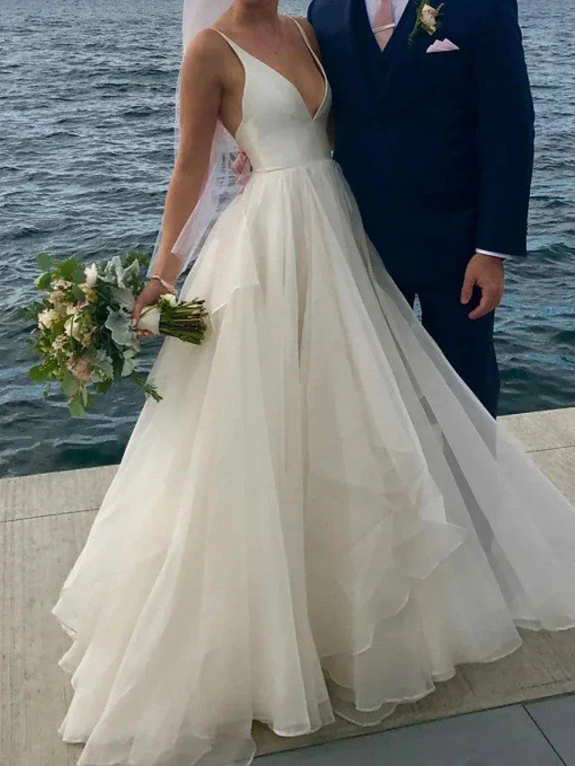 Long A-Line V Neck Satin Tulle Open Back Wedding Dresses by BIZTUNNEL