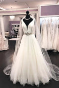 Long A-line V Neck Satin Tulle Wedding Dress by BIZTUNNEL