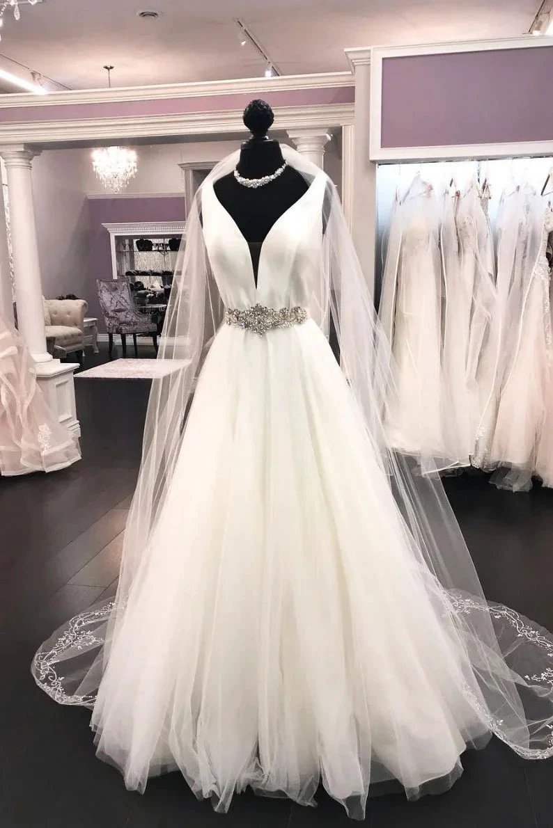 Long A-line V Neck Satin Tulle Wedding Dress by BIZTUNNEL