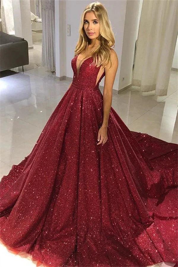 Long A-line V-neck Sequined Open Back Prom Dress by BIZTUNNEL