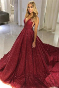 Long A-line V-neck Sequined Open Back Prom Dress by BIZTUNNEL