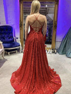 Long A-line V-neck Sequins Backless Prom Dress with Slit Burgundy Formal Graduation Evening Dresses by BIZTUNNEL