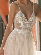 Long A-Line V-neck Spaghetti Strap Tulle Backless Wedding Dresses by BIZTUNNEL