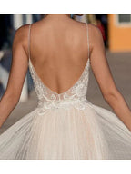 Long A-Line V-neck Spaghetti Strap Tulle Backless Wedding Dresses by BIZTUNNEL