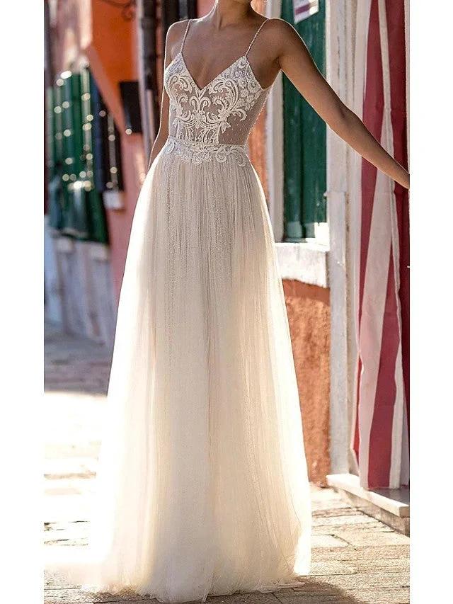 Long A-Line V-neck Spaghetti Strap Tulle Backless Wedding Dresses by BIZTUNNEL