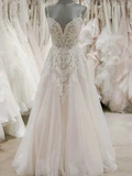 Long A-line V-neck Spaghetti Straps Appliques Tulle Wedding Dress by BIZTUNNEL