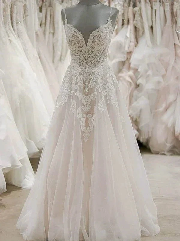 Long A-line V-neck Spaghetti Straps Appliques Tulle Wedding Dress by BIZTUNNEL