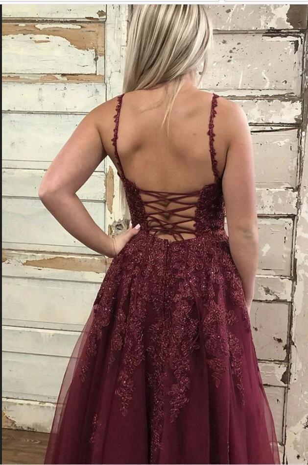 Long A-Line V-neck Spaghetti Straps Backless Appliques Lace Tulle Prom Dress by BIZTUNNEL