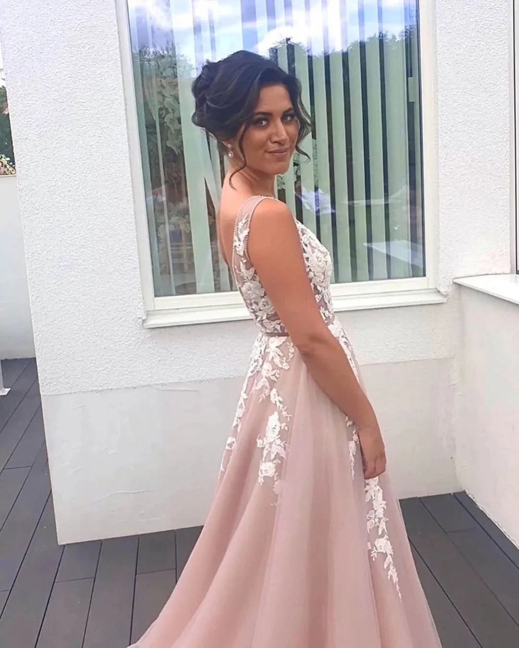 Long A-line V-neck Spaghetti Straps Backless Appliques Lace Tulle Prom Dress by BIZTUNNEL