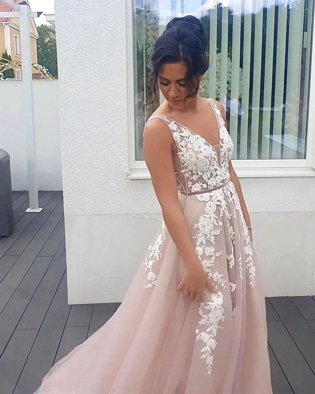 Long A-line V-neck Spaghetti Straps Backless Appliques Lace Tulle Prom Dress by BIZTUNNEL