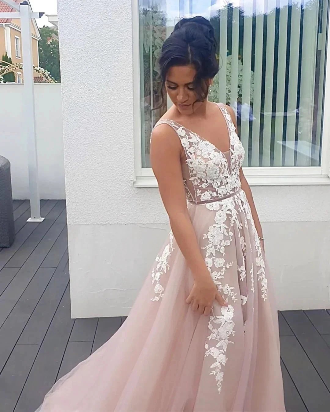 Long A-line V-neck Spaghetti Straps Backless Appliques Lace Tulle Prom Dress by BIZTUNNEL