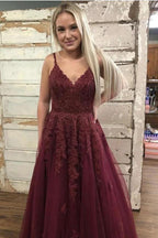 Long A-Line V-neck Spaghetti Straps Backless Appliques Lace Tulle Prom Dress by BIZTUNNEL