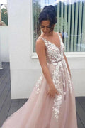 Long A-line V-neck Spaghetti Straps Backless Appliques Lace Tulle Prom Dress by BIZTUNNEL