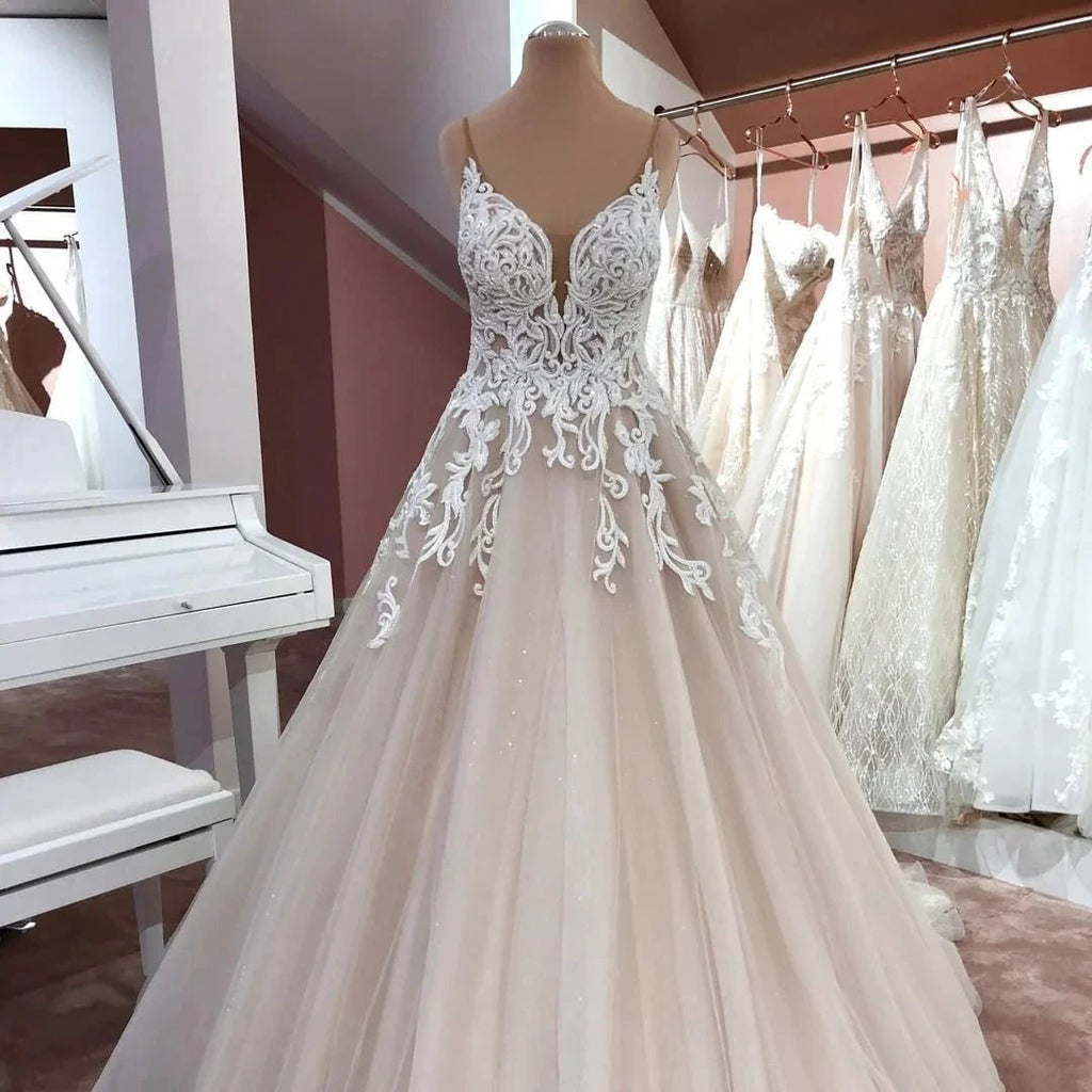 Long A-Line V-neck Spaghetti Straps Backless Appliques Lace Tulle Wedding Dress by BIZTUNNEL