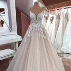 Long A-Line V-neck Spaghetti Straps Backless Appliques Lace Tulle Wedding Dress by BIZTUNNEL