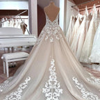 Long A-Line V-neck Spaghetti Straps Backless Appliques Lace Tulle Wedding Dress by BIZTUNNEL