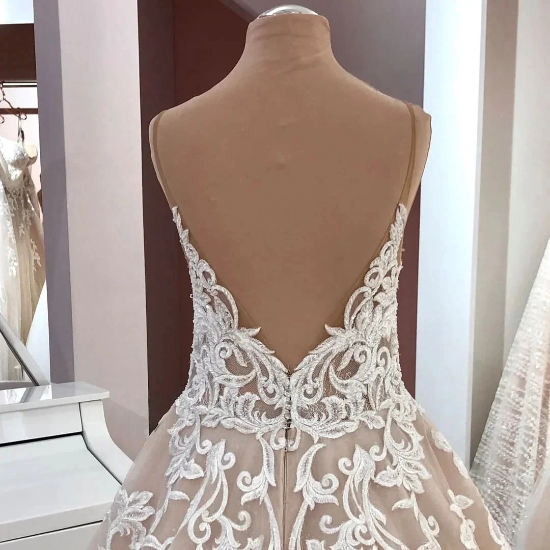 Long A-Line V-neck Spaghetti Straps Backless Appliques Lace Tulle Wedding Dress by BIZTUNNEL