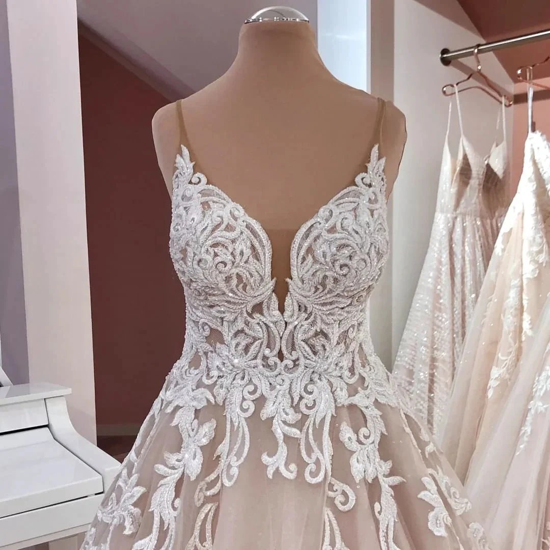 Long A-Line V-neck Spaghetti Straps Backless Appliques Lace Tulle Wedding Dress by BIZTUNNEL