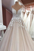 Long A-Line V-neck Spaghetti Straps Backless Appliques Lace Tulle Wedding Dress by BIZTUNNEL