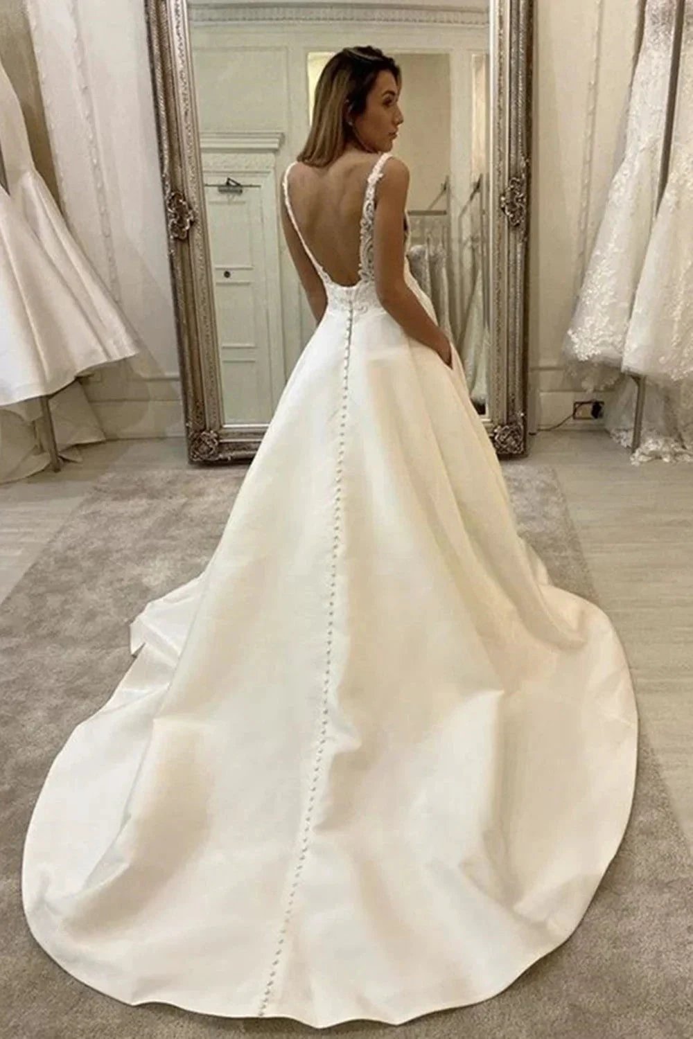 Long A-Line V-neck Spaghetti Straps Backless Wedding Dress With Pockets by BIZTUNNEL