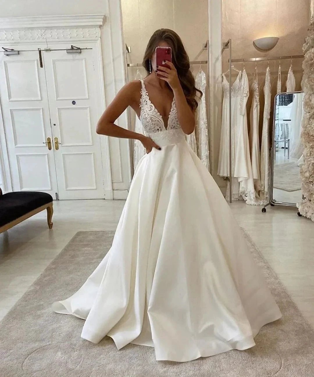 Long A-Line V-neck Spaghetti Straps Backless Wedding Dress With Pockets by BIZTUNNEL