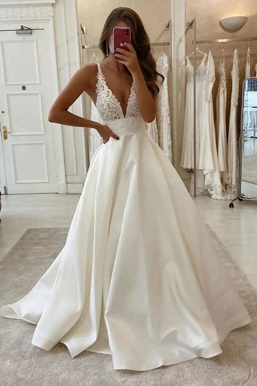 Long A-Line V-neck Spaghetti Straps Backless Wedding Dress With Pockets by BIZTUNNEL