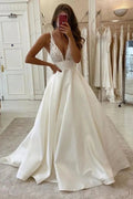 Long A-Line V-neck Spaghetti Straps Backless Wedding Dress With Pockets by BIZTUNNEL