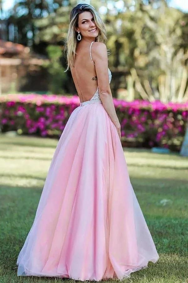 Long A-line V-neck Spaghetti Straps Open Back Prom Dress by BIZTUNNEL