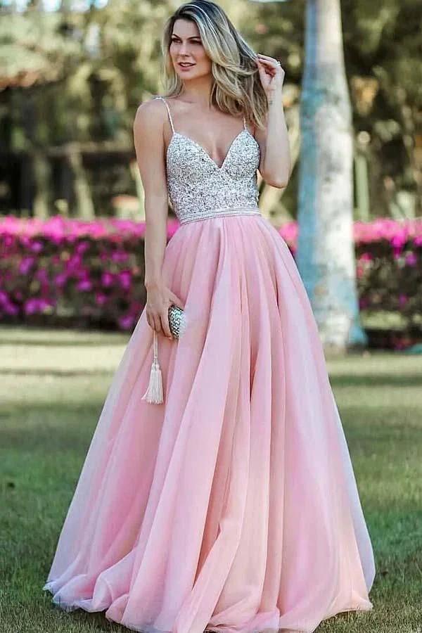 Long A-line V-neck Spaghetti Straps Open Back Prom Dress by BIZTUNNEL