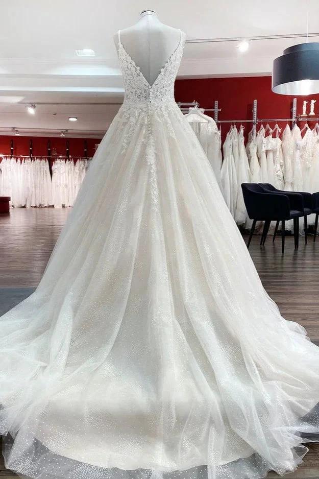 Long A-line V-neck Spaghetti Straps Tulle Lace Backless Wedding Dress by BIZTUNNEL