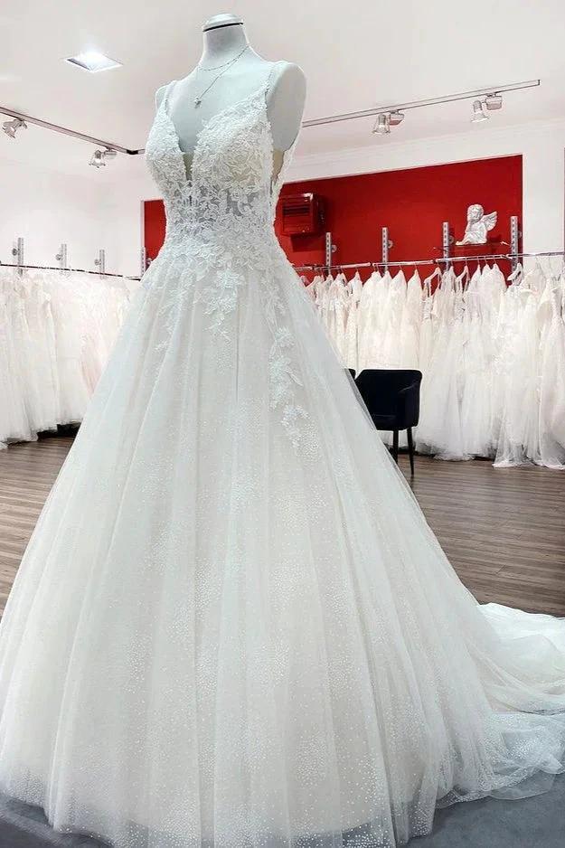 Long A-line V-neck Spaghetti Straps Tulle Lace Backless Wedding Dress by BIZTUNNEL