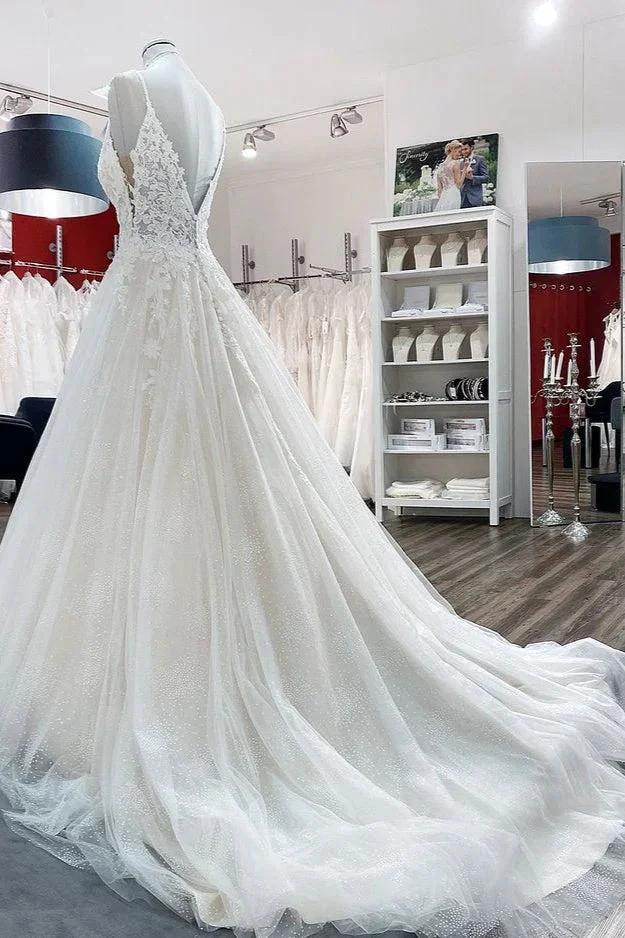 Long A-line V-neck Spaghetti Straps Tulle Lace Backless Wedding Dress by BIZTUNNEL