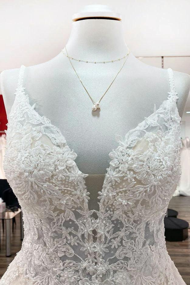 Long A-line V-neck Spaghetti Straps Tulle Lace Backless Wedding Dress by BIZTUNNEL