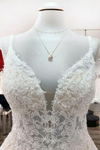 Long A-line V-neck Spaghetti Straps Tulle Lace Backless Wedding Dress by BIZTUNNEL