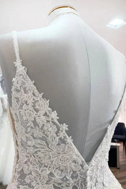 Long A-line V-neck Spaghetti Straps Tulle Lace Backless Wedding Dress by BIZTUNNEL