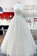Long A-line V-neck Spaghetti Straps Tulle Lace Backless Wedding Dress by BIZTUNNEL