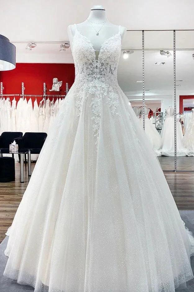 Long A-line V-neck Spaghetti Straps Tulle Lace Backless Wedding Dress by BIZTUNNEL