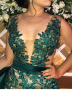 Long A-line V-neck Straps Appliques Lace Evening Dress with Slit by BIZTUNNEL