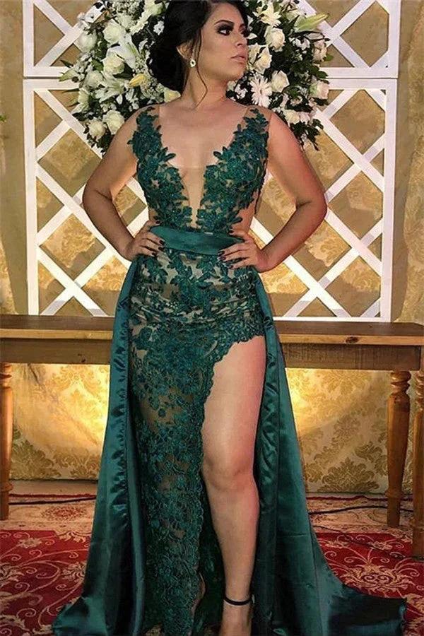 Long A-line V-neck Straps Appliques Lace Evening Dress with Slit by BIZTUNNEL