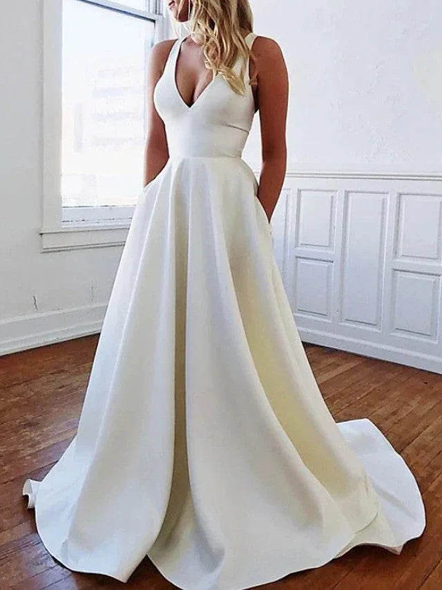 Long A-Line V Neck Stretch Satin Backless Wedding Dresses with Pockets by BIZTUNNEL