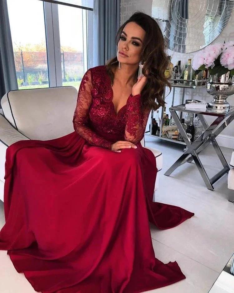 Long A-line V-neck Stretch Satin Long Sleeves Prom Dress with Slit by BIZTUNNEL