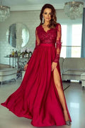 Long A-line V-neck Stretch Satin Long Sleeves Prom Dress with Slit by BIZTUNNEL