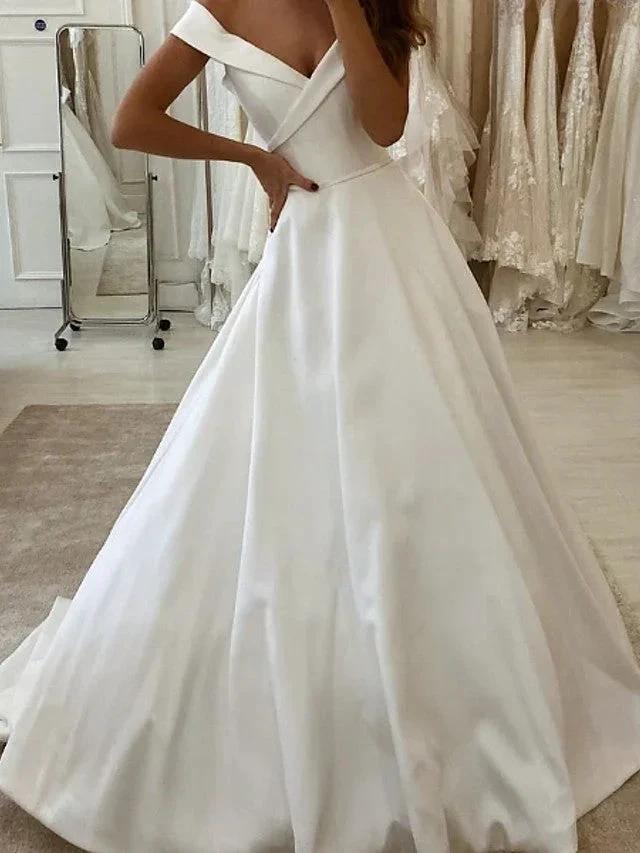 Long A-Line V Neck Sweep Brush Train Satin Wedding Dresses by BIZTUNNEL