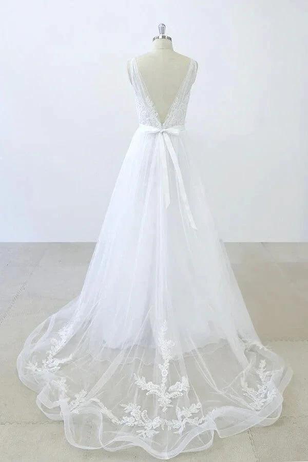 Long A-line V-neck Sweetheart Ruffle Applqiues Tulle Backless Wedding Dress by BIZTUNNEL
