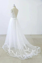 Long A-line V-neck Sweetheart Ruffle Applqiues Tulle Backless Wedding Dress by BIZTUNNEL
