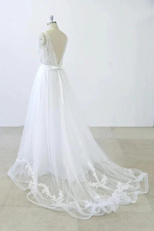 Long A-line V-neck Sweetheart Ruffle Applqiues Tulle Backless Wedding Dress by BIZTUNNEL