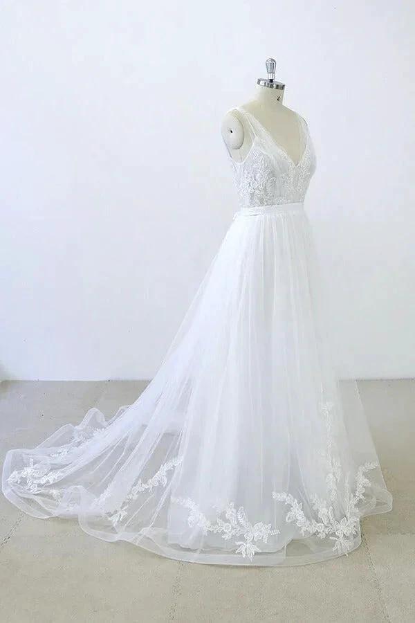 Long A-line V-neck Sweetheart Ruffle Applqiues Tulle Backless Wedding Dress by BIZTUNNEL