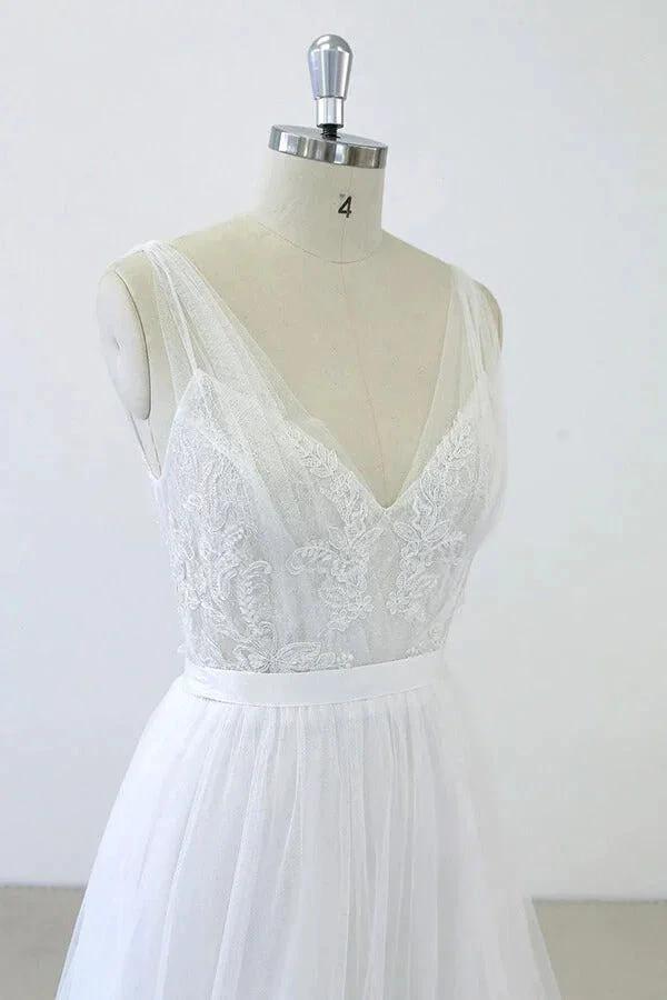 Long A-line V-neck Sweetheart Ruffle Applqiues Tulle Backless Wedding Dress by BIZTUNNEL