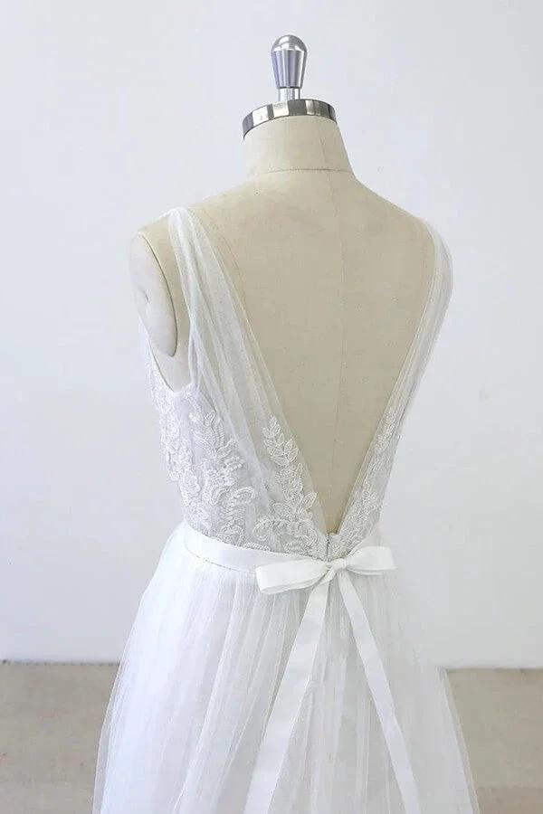 Long A-line V-neck Sweetheart Ruffle Applqiues Tulle Backless Wedding Dress by BIZTUNNEL